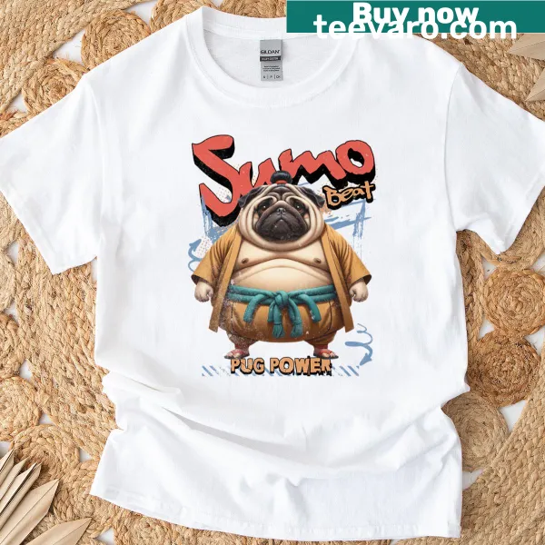Cartoon pug in sumo stance graphic on t-shirt
