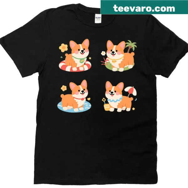 Sunny cartoon corgi graphics on a T-shirt
