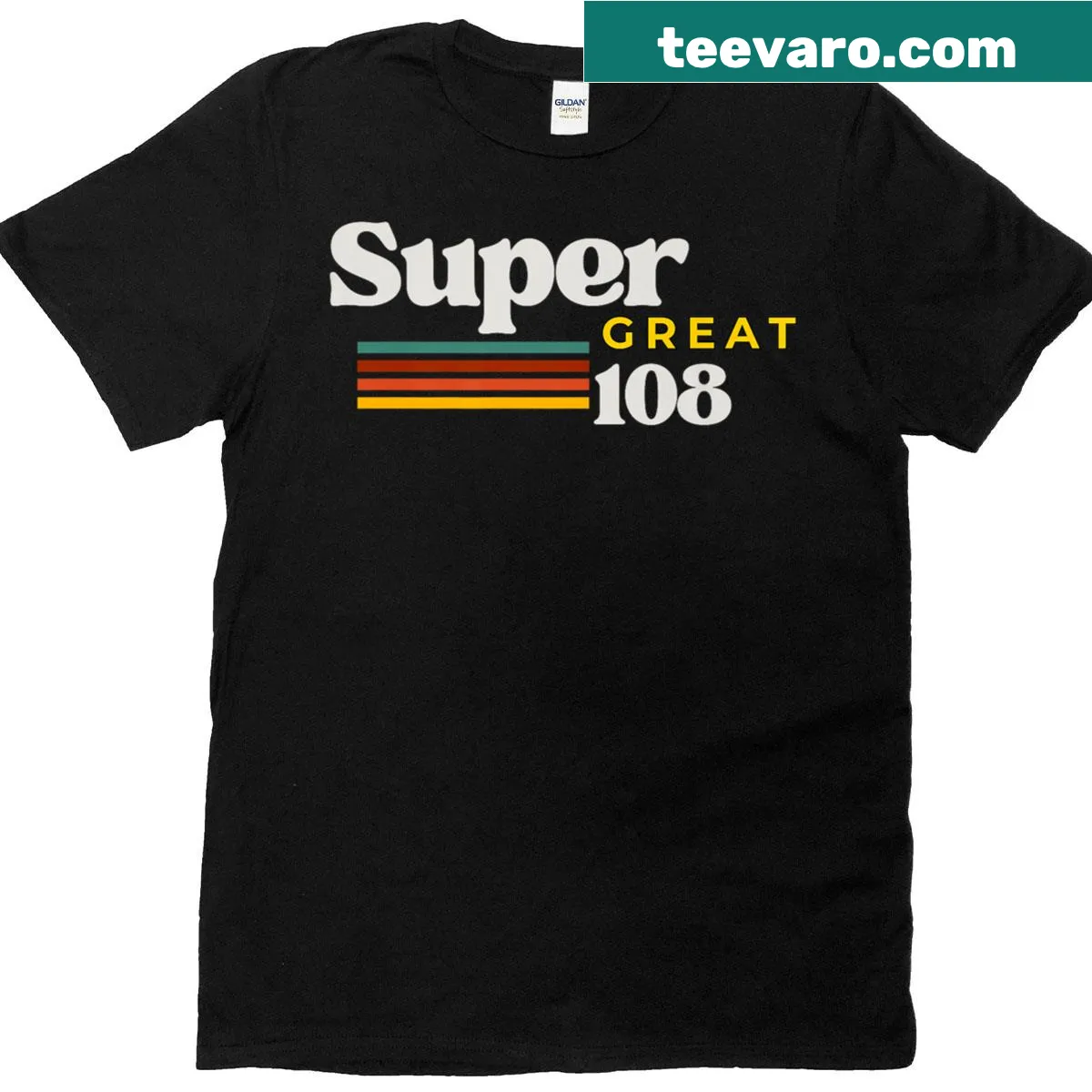 Minimalist T-shirt with bold typography saying Super Great 108 — on a men's t-shirt