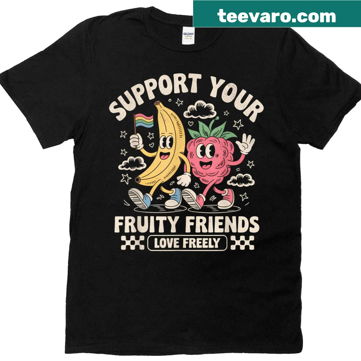 Retro fruit design promoting LGBTQ+ support on a T-shirt. — on a men's t-shirt