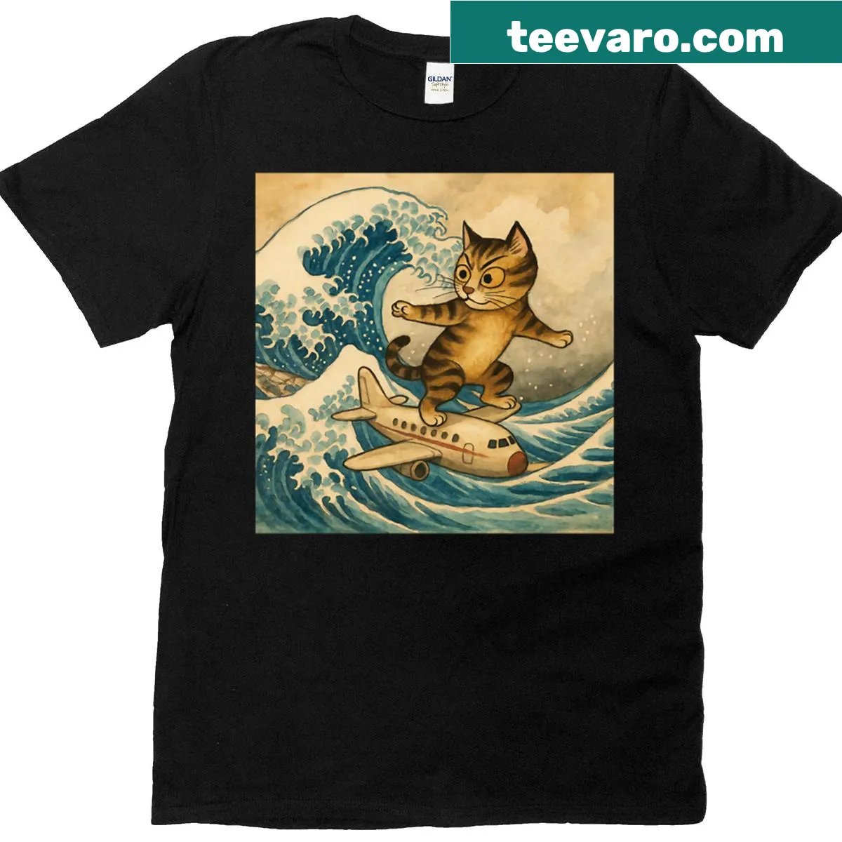 Illustration of a cat surfing on a cloud on a T-shirt. — on a men's t-shirt