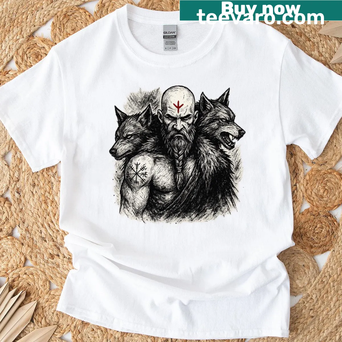 Fantasy T-shirt featuring a warrior and two night spirits illustration — on a men's t-shirt
