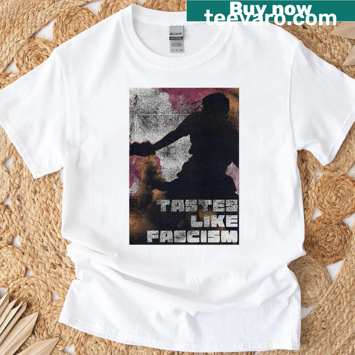 Edgy Tastes Like Fascism Tee with striking typography design — on a men's t-shirt