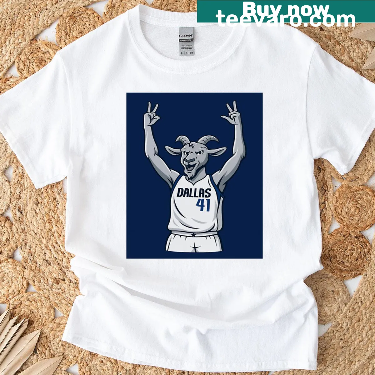Dallas Mavs t-shirt featuring an illustration of a fadeaway shot — on a men's t-shirt