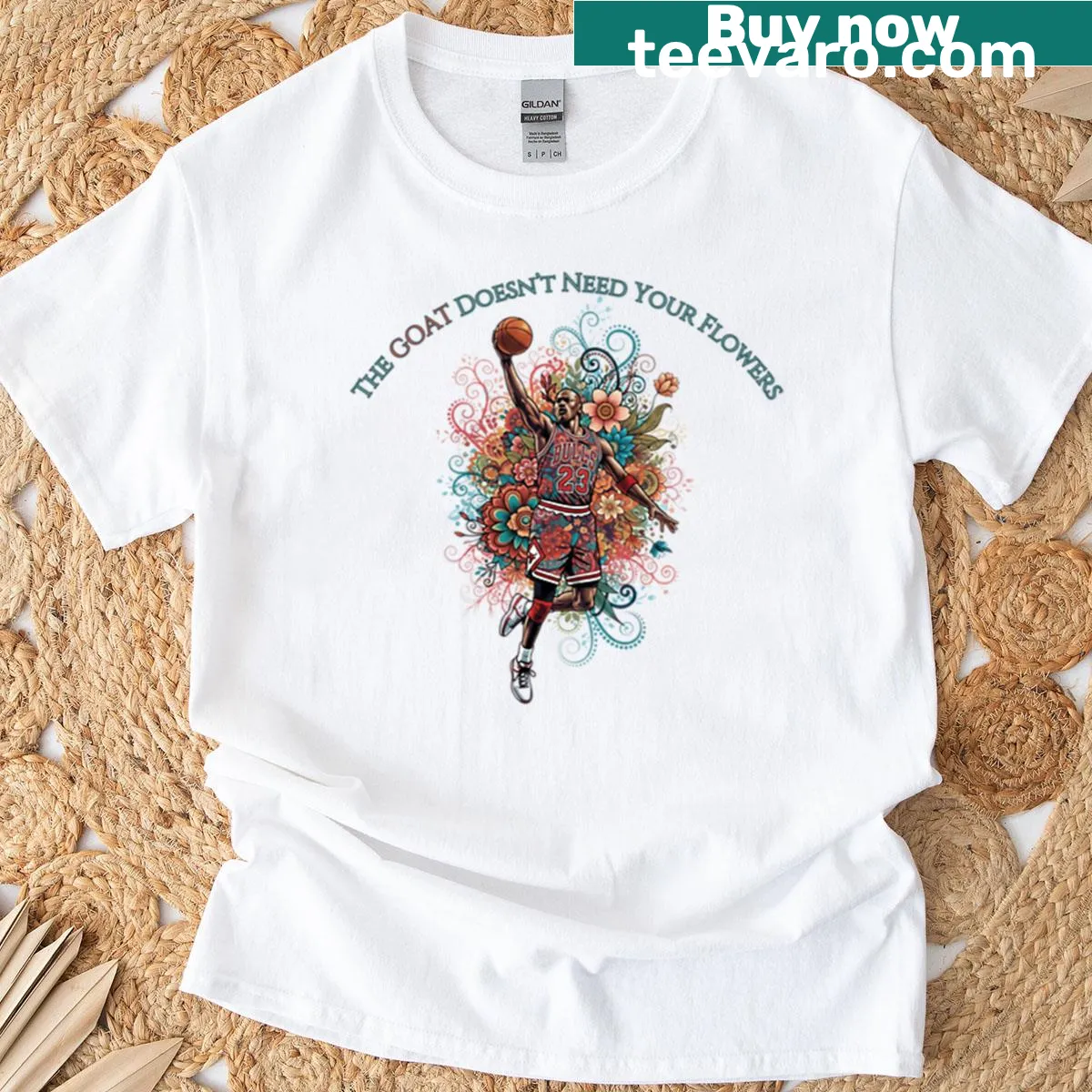 Michael Jordan t-shirt with playful 'The Goat Doesn’t Need Your Flowers' design — on a men's t-shirt