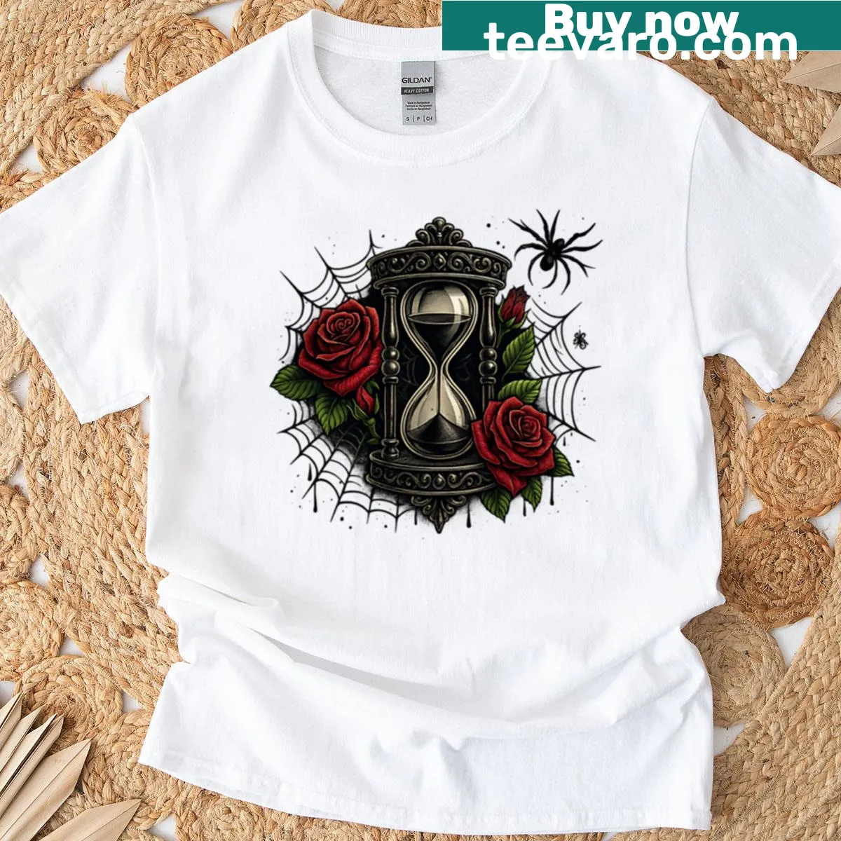 Whimsical rose and spider illustration on a t-shirt — on a men's t-shirt