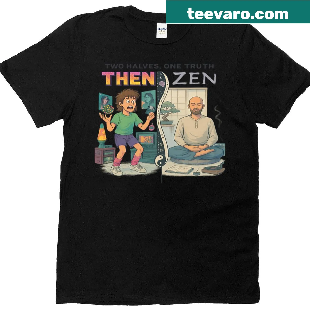 Typography design showcasing 'Then Vs Zen The Chaos The Calm' — on a men's t-shirt