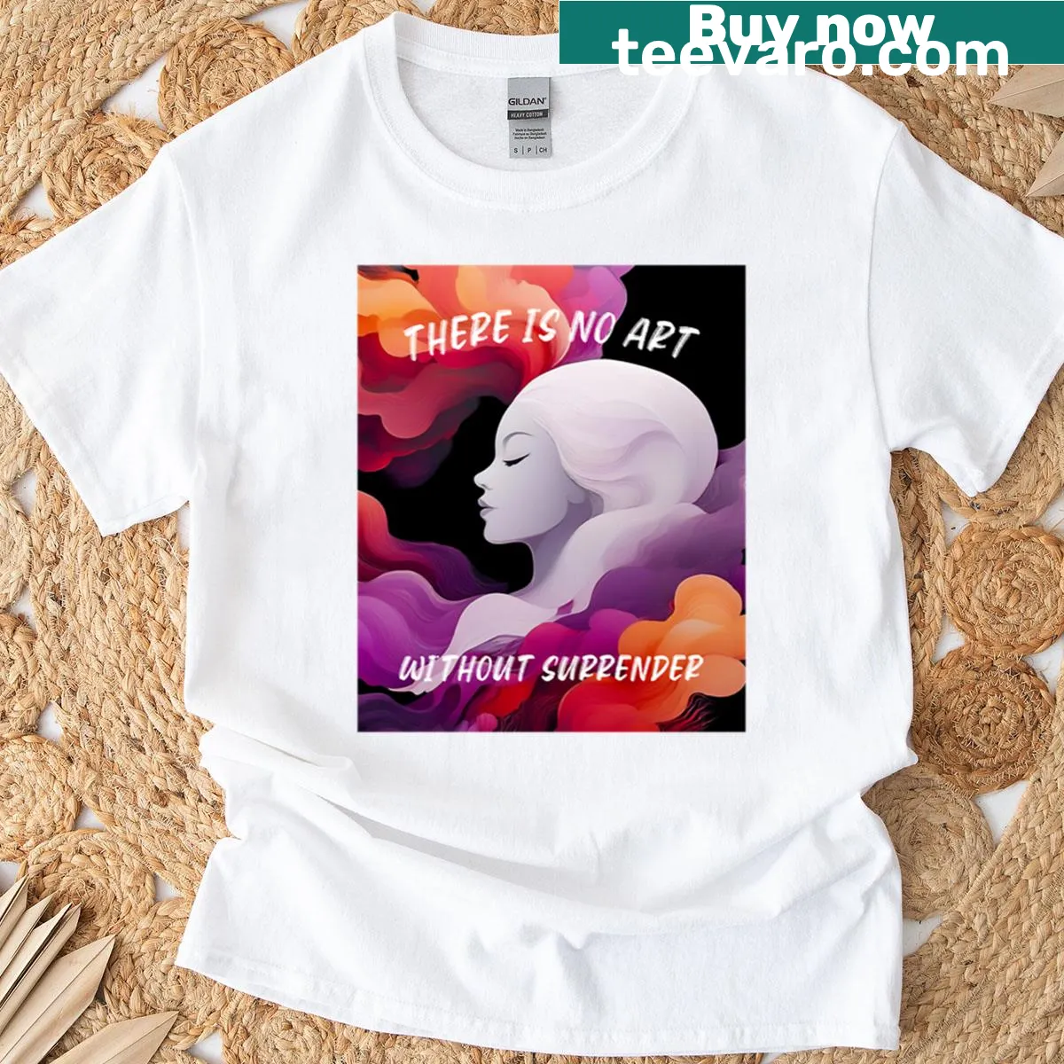 Inspirational T-shirt with the phrase 'There Is No Art Without Surrender' in elegant typography — on a men's t-shirt