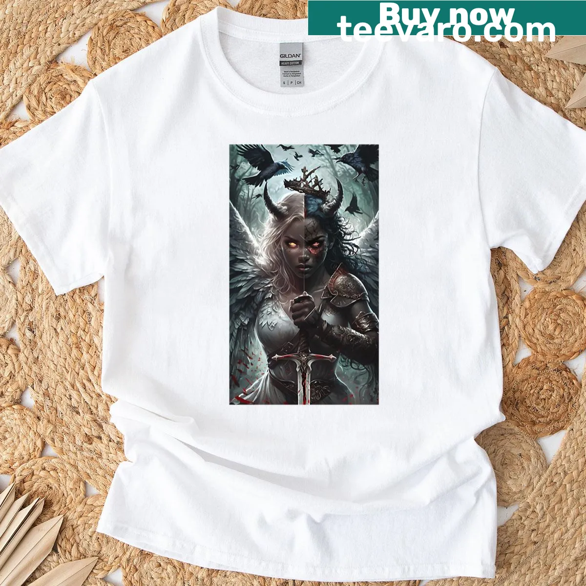 Illustrated T-shirt featuring the 'Shadow Queen' concept — on a men's t-shirt