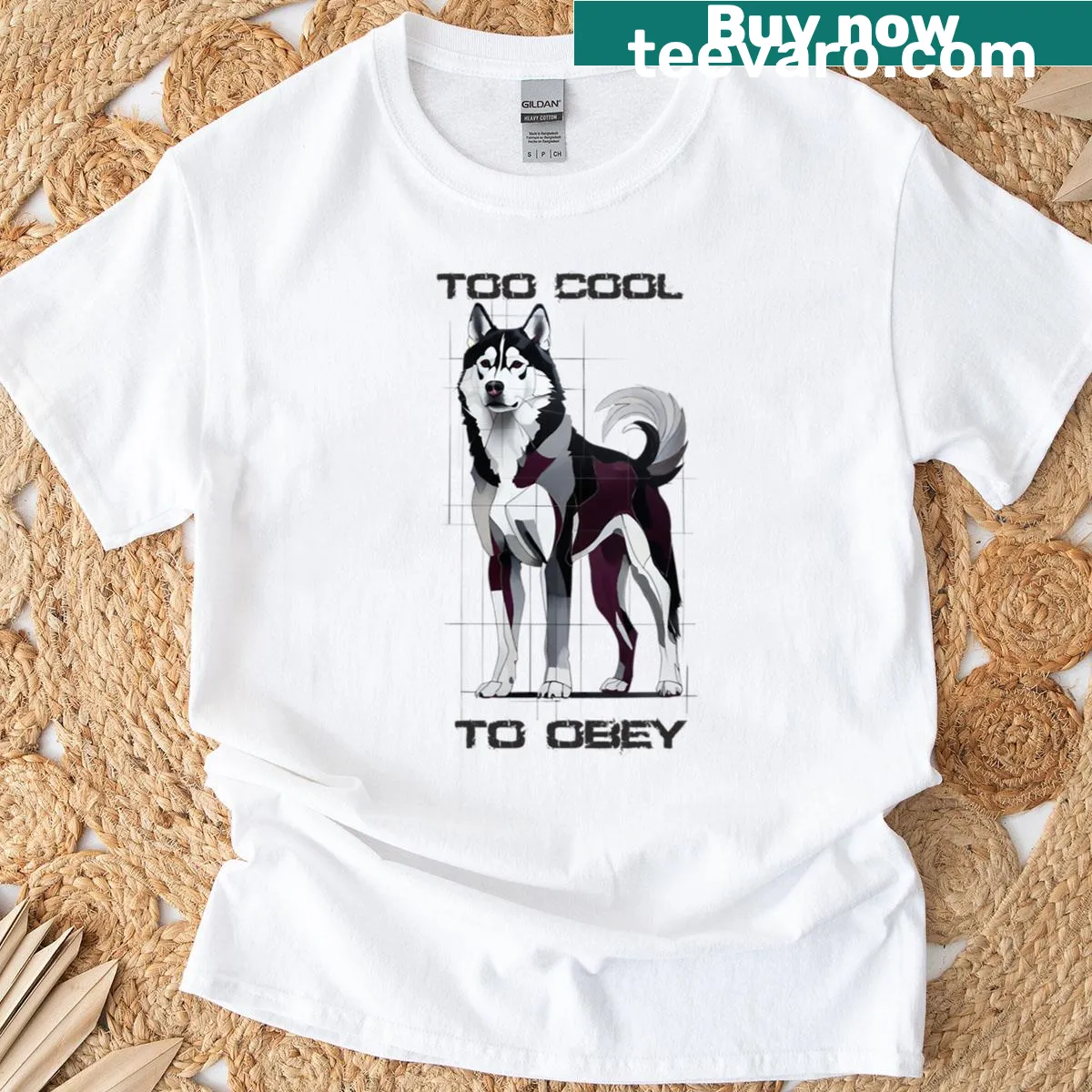 Playful Husky illustration on a t-shirt with the phrase Too Cool To Obey — on a men's t-shirt