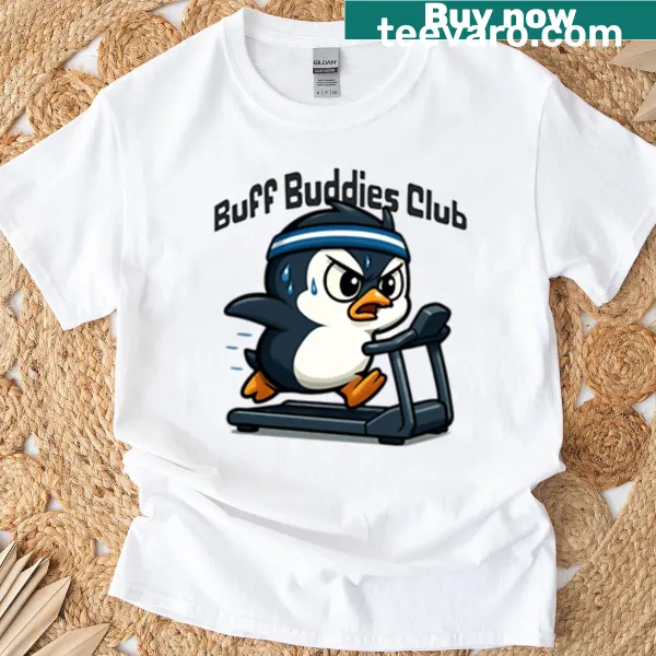 Cartoon penguin exercising on a treadmill, printed on a T-shirt