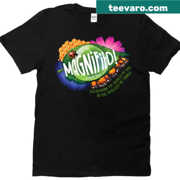 Illustrated T-shirt featuring magnified insects and Psalm 34:3 text
