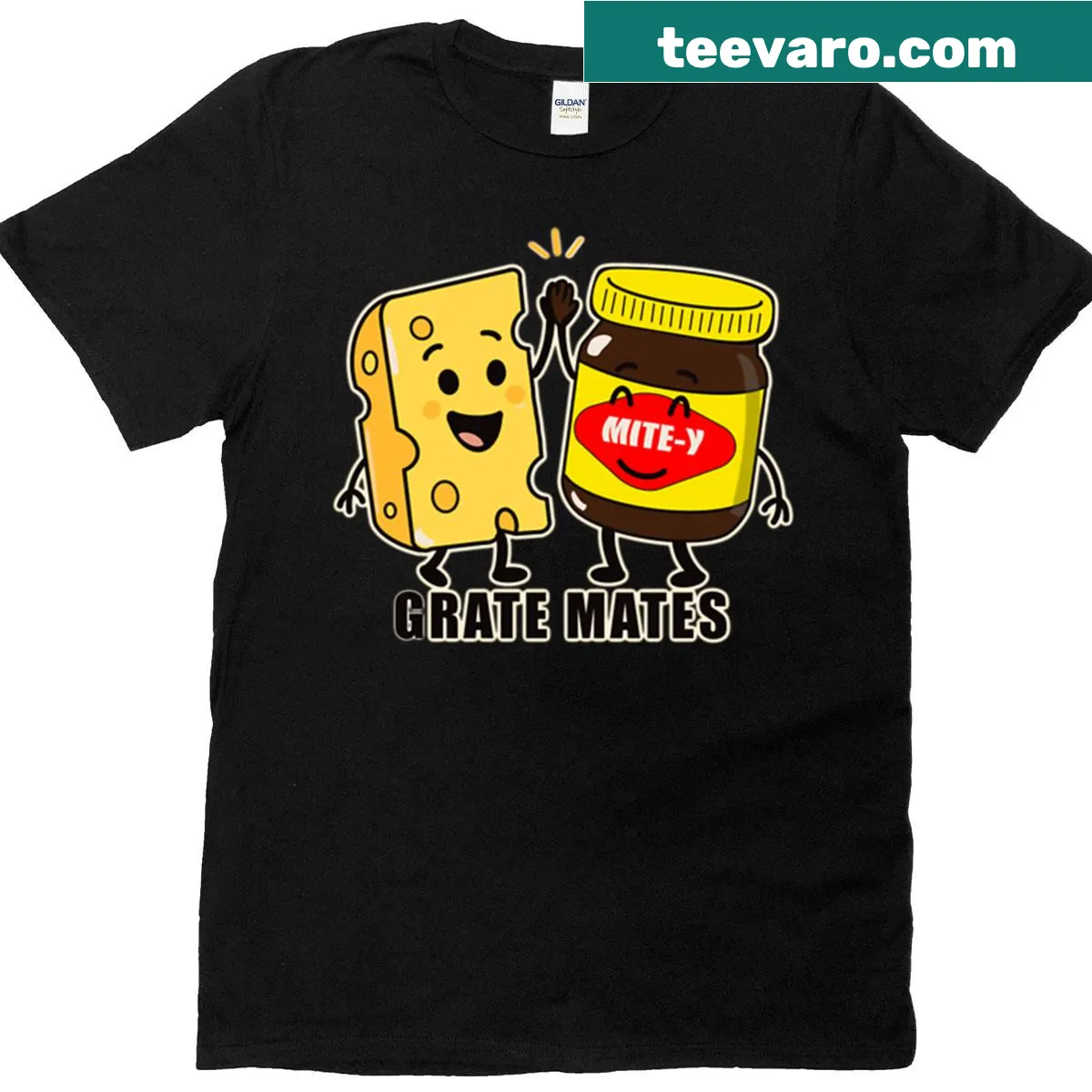 Cartoon T-shirt featuring Vegemite characters with humorous text — on a men's t-shirt