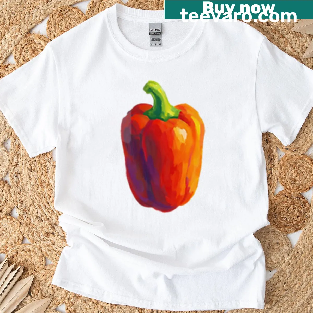Artistic t-shirt featuring a bell pepper in bold brushstroke style — on a men's t-shirt