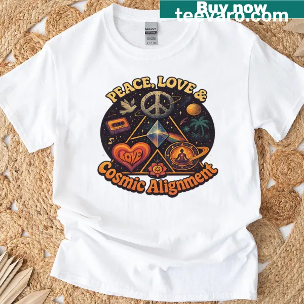 Inspirational T-shirt with cosmic design and message of peace and love