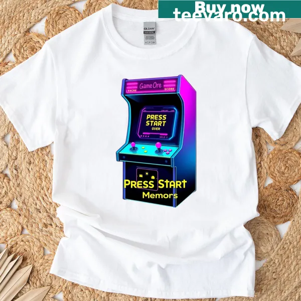 Vintage arcade machine graphic T-shirt for gaming enthusiasts