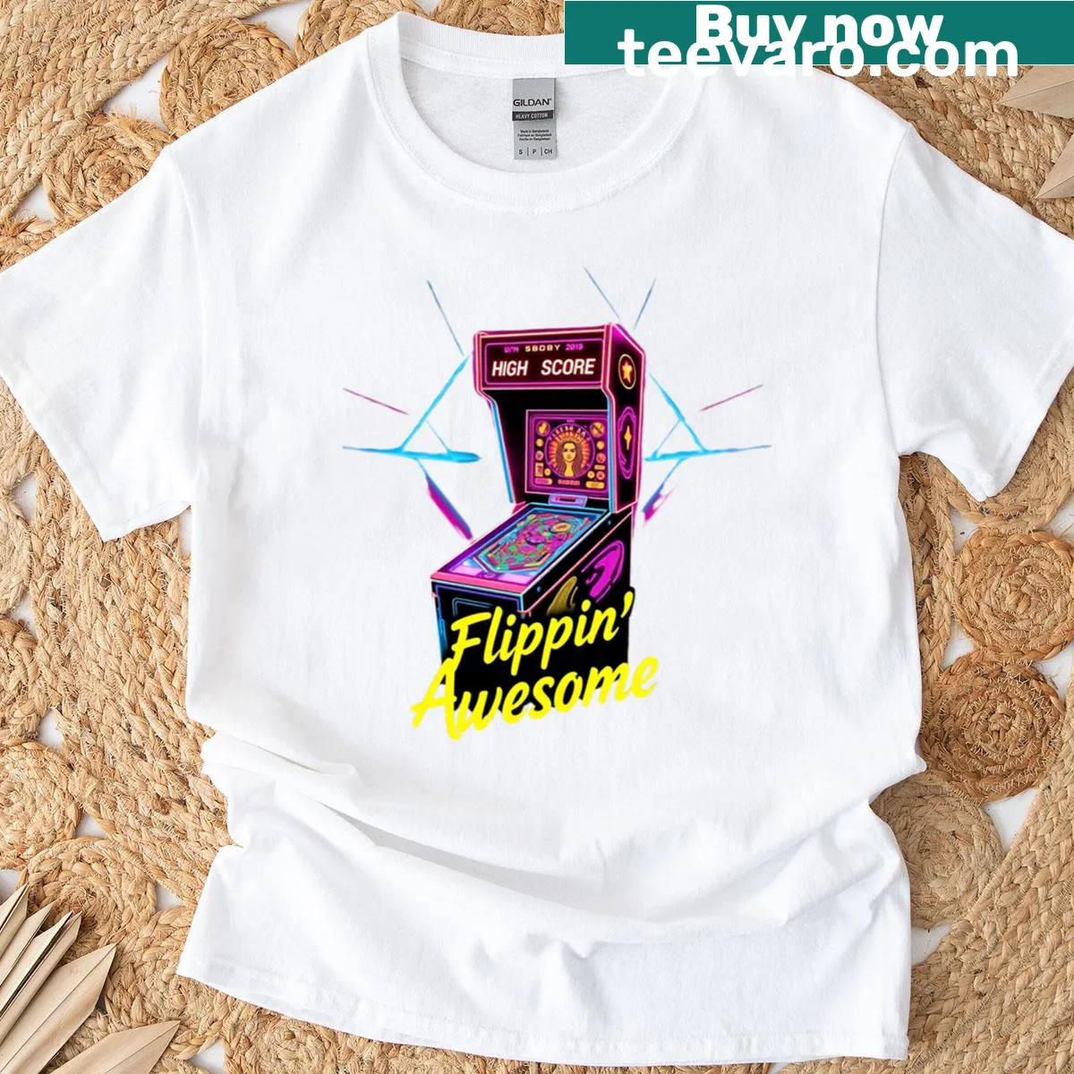 Vintage t-shirt featuring a classic pinball machine design — on a men's t-shirt