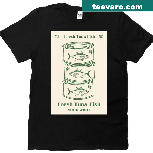 Retro T-shirt with vintage tuna can label design.