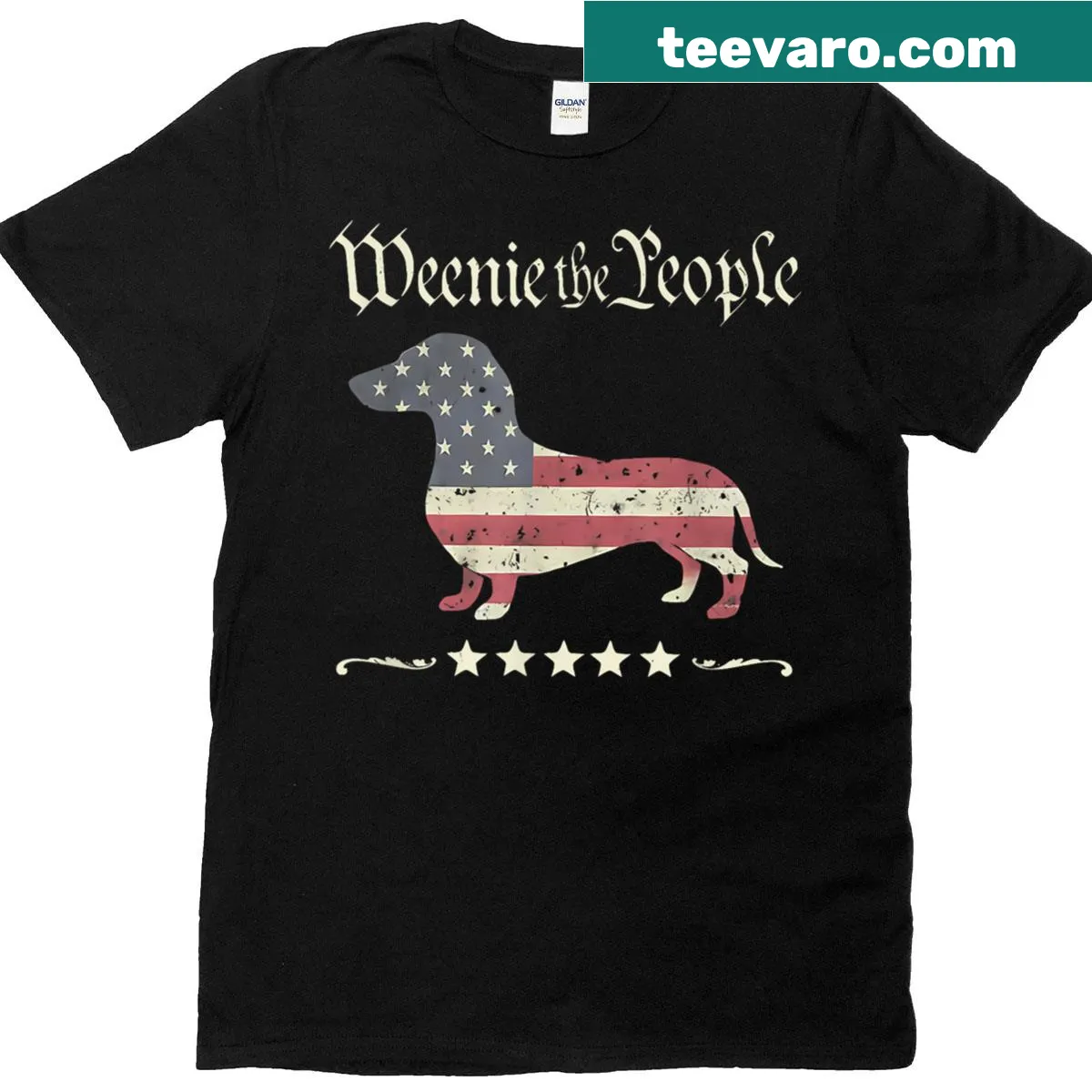 Cartoon Dachshund with patriotic 'Weenie The People' text for July 4th — on a men's t-shirt