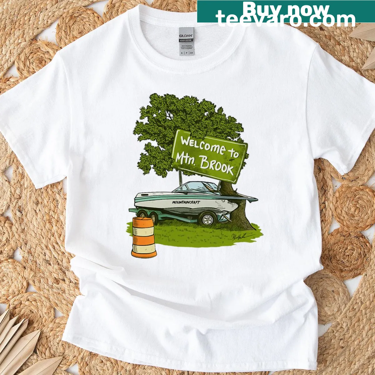 Illustration of a Master Craft Boat with Mountain Brook theme — on a men's t-shirt