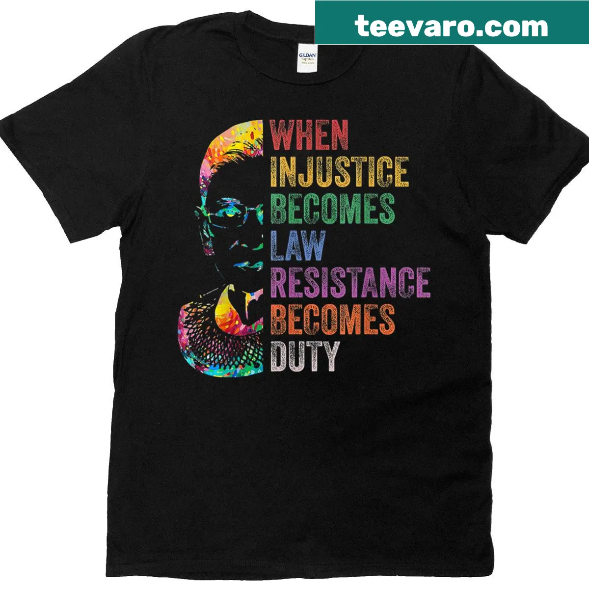Text-based graphic with the quote from RBG about justice and resistance — on a men's t-shirt