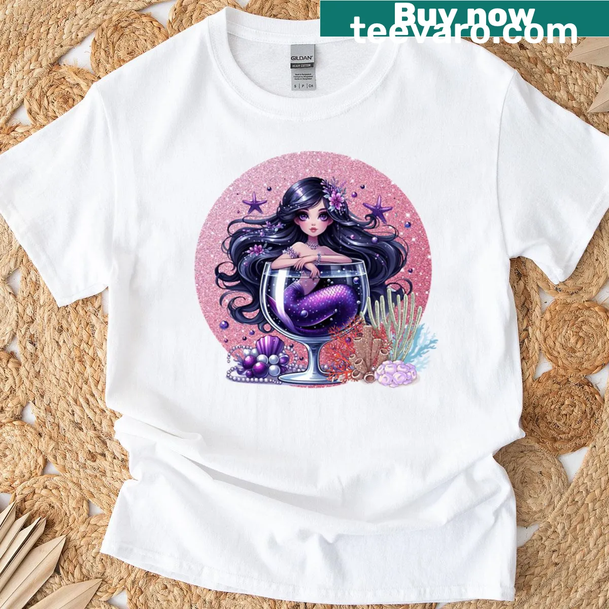 Whimsical mermaid illustration holding a glass of wine — on a men's t-shirt