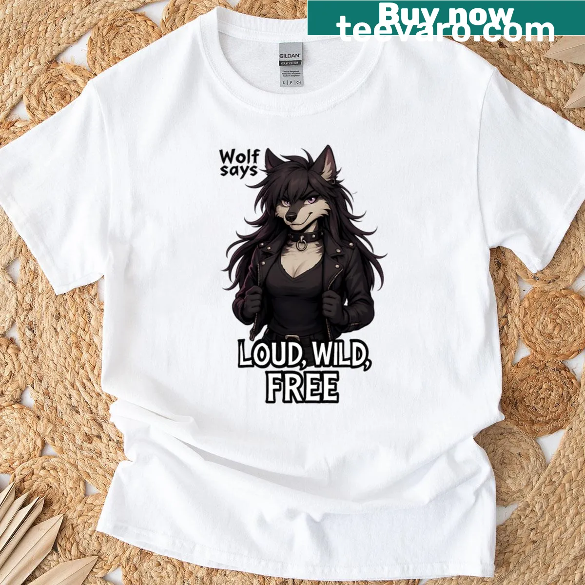 Bold typography T-shirt with 'Wolf Says Loud Wild Free' text — on a men's t-shirt