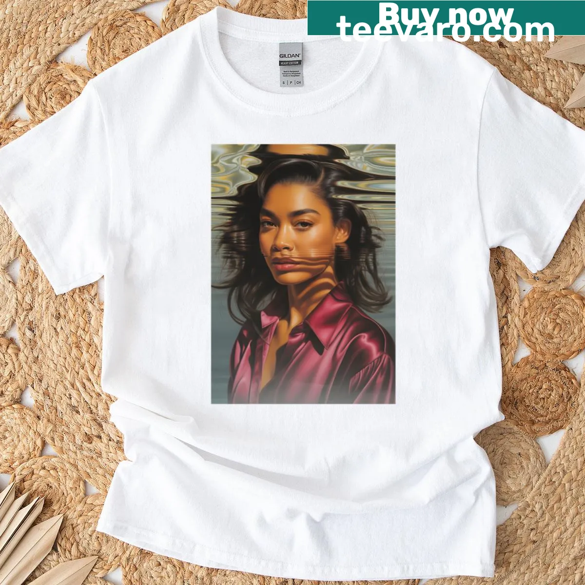 Illustrated T-shirt of a woman in serene water setting — on a men's t-shirt
