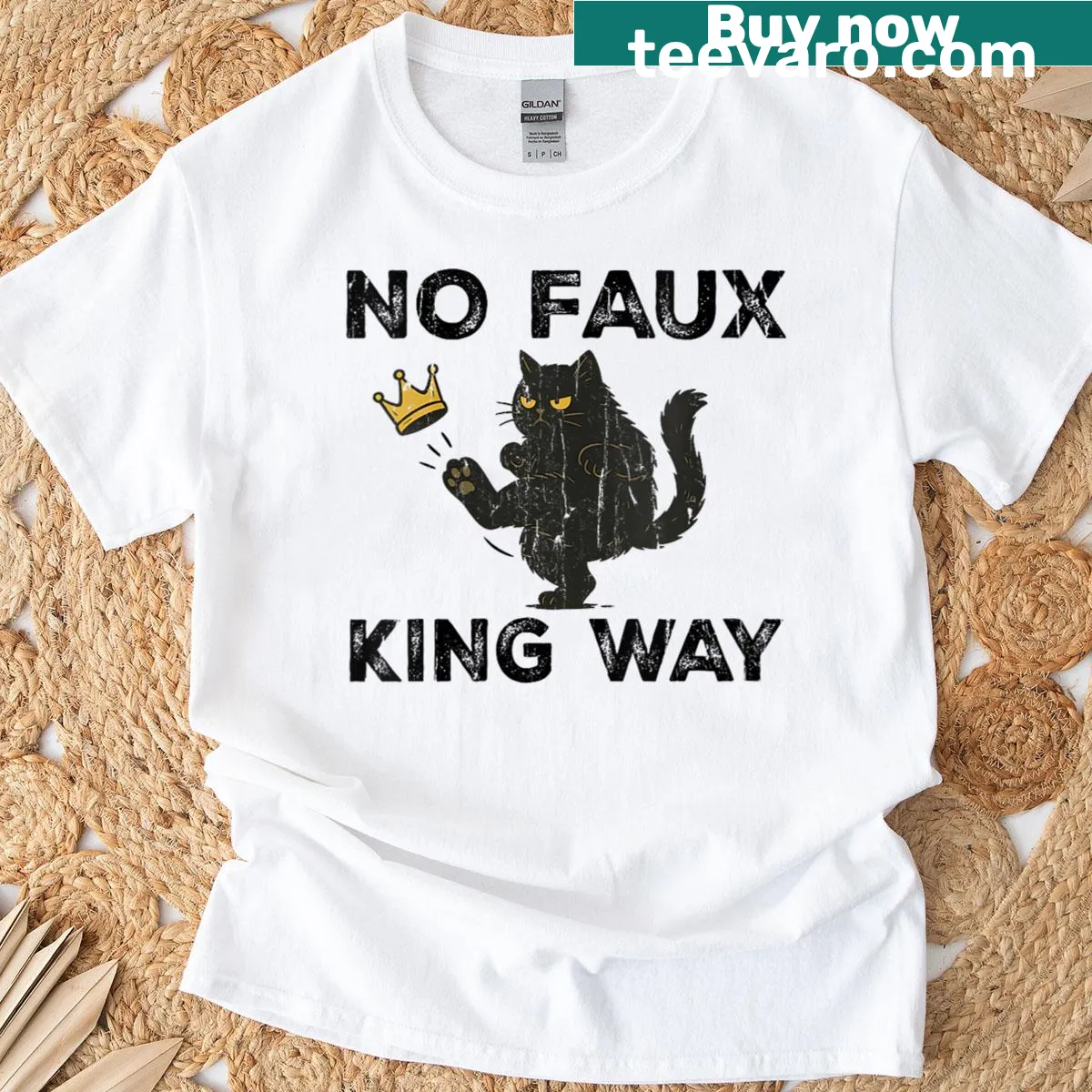 Funny t-shirt with the phrase 'No Faux King Way' and a black cat — on a men's t-shirt