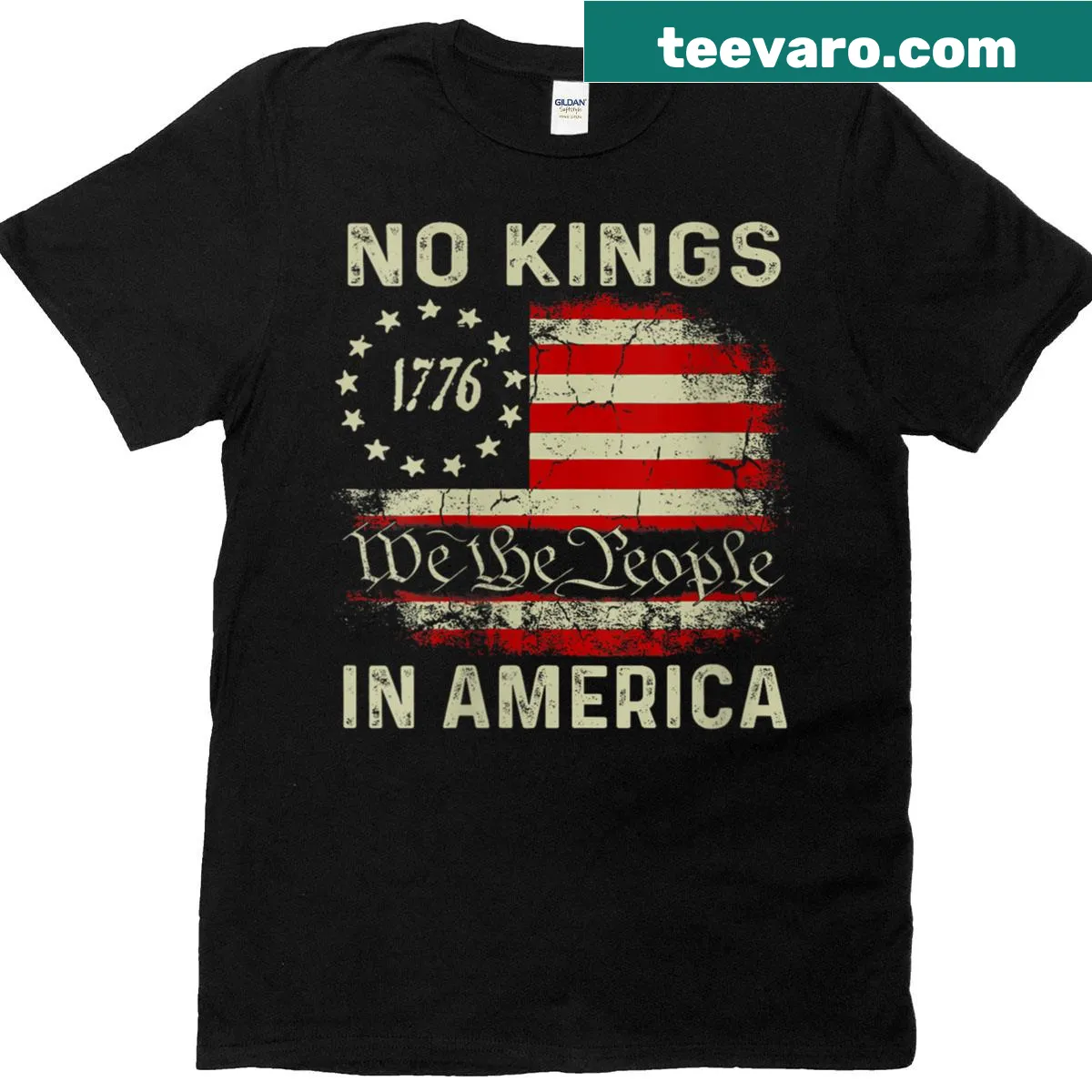 Retro-style Fourth of July shirt with 'No Kings In America' text and USA flag design. — on a men's t-shirt
