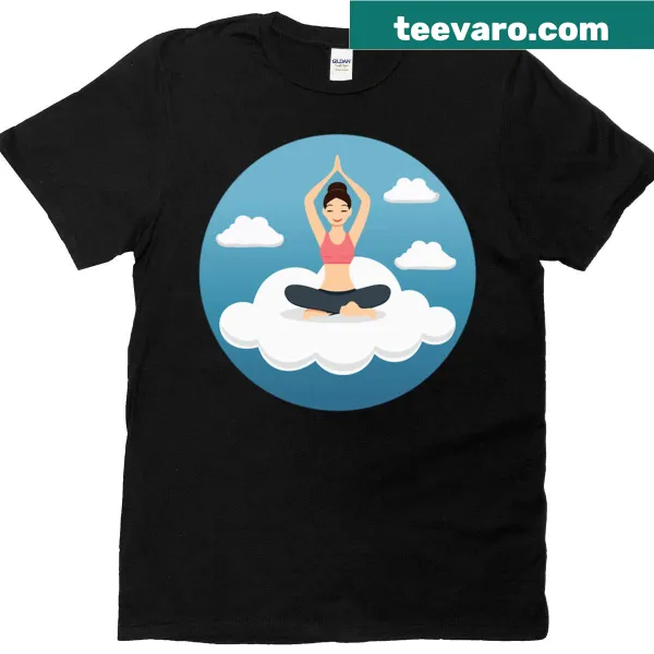 Yoga-themed t-shirt featuring a figure in a pose sitting on a cloud.