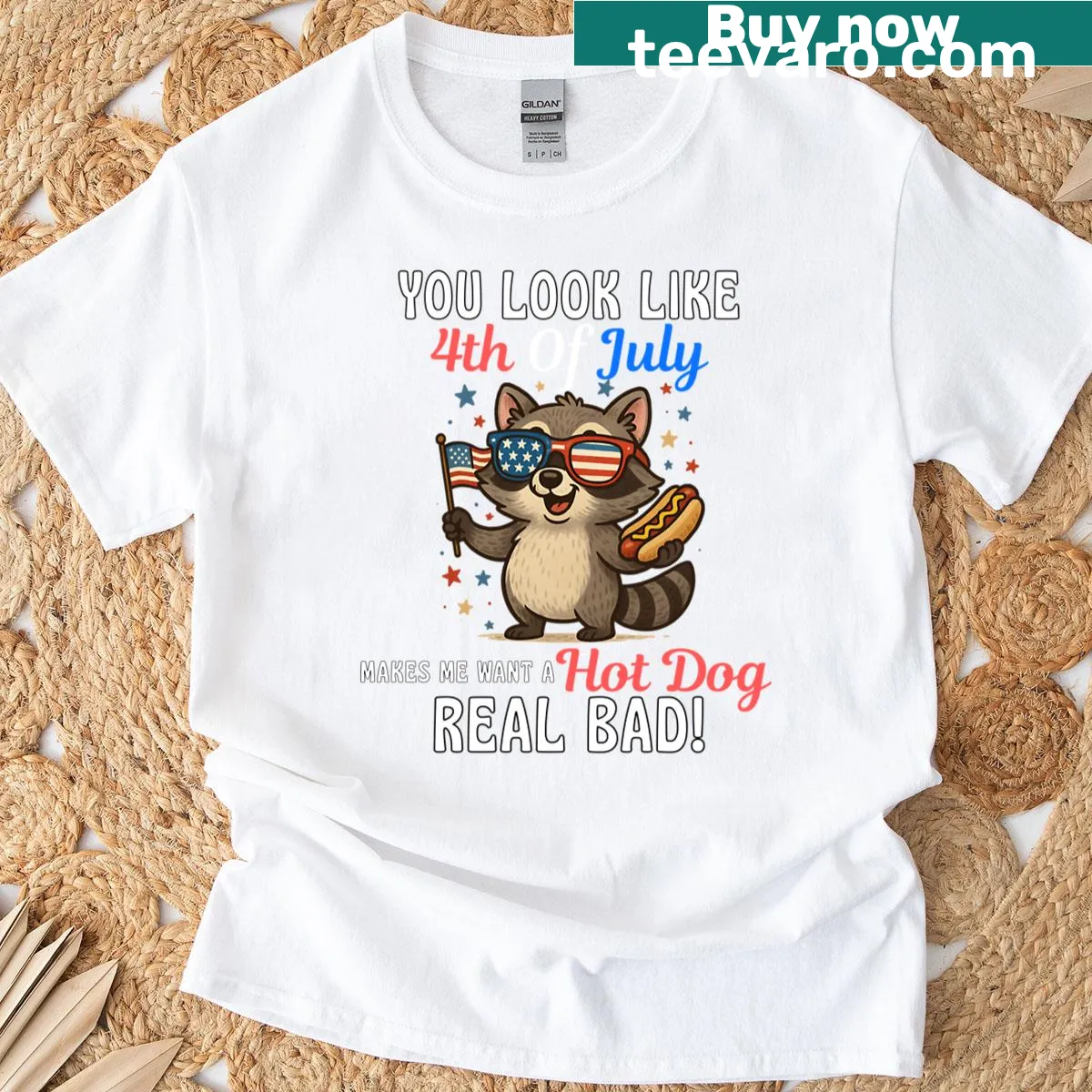 Funny Fourth of July T-shirt with raccoon and humorous text — on a men's t-shirt