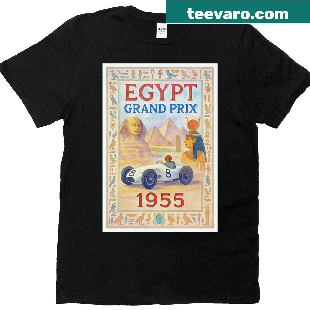 1955 Egypt Grand Prix racing graphic on a nostalgic t-shirt — on a men's t-shirt