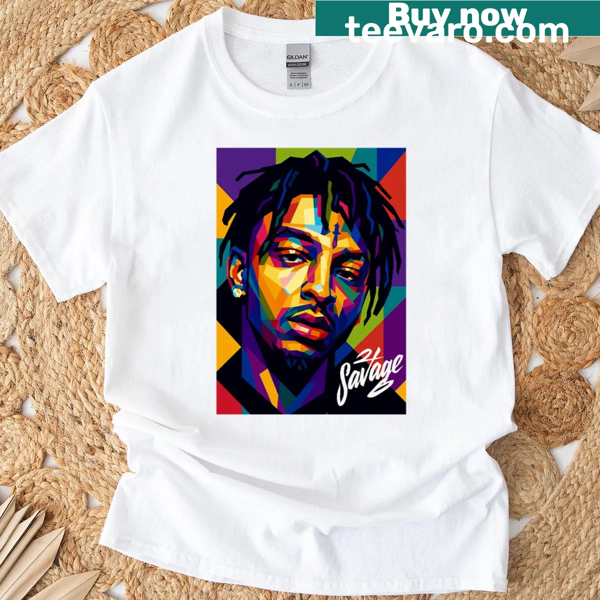 Pop art design of 21 Savage on an oversized t-shirt — on a men's t-shirt