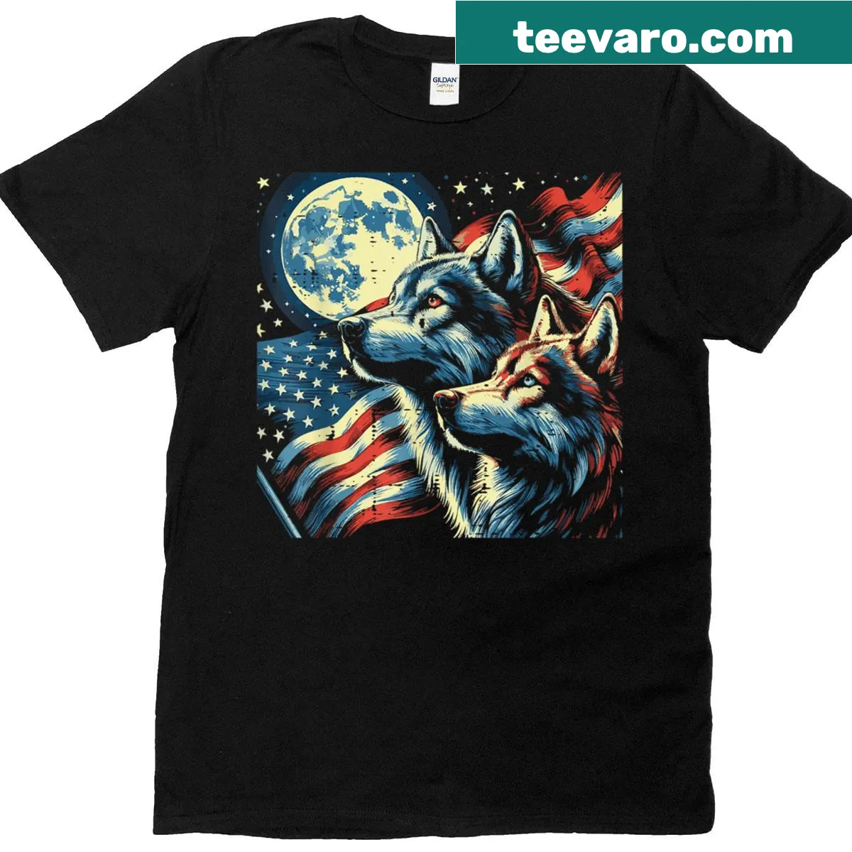 Illustration of a wolf howling at the moon with an American flag motif — on a men's t-shirt