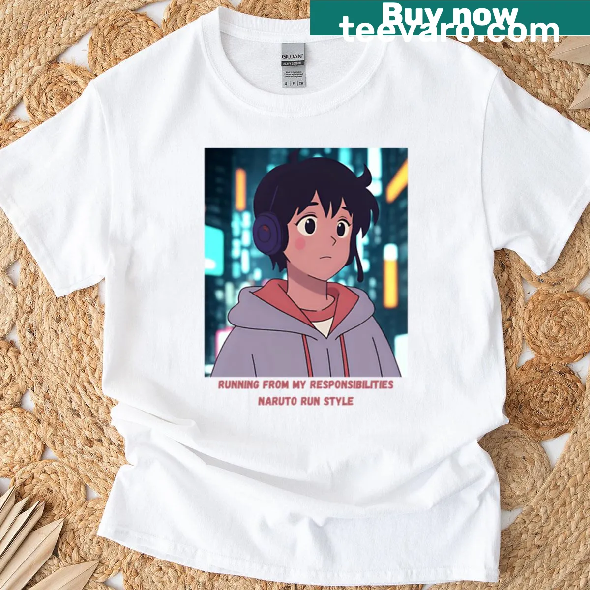 90s anime boy escaping reality illustration t-shirt — on a men's t-shirt