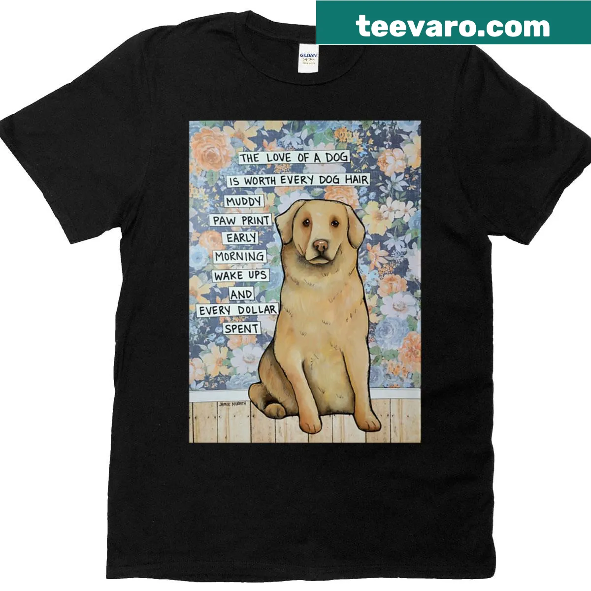 Hand-drawn illustration celebrating the worth and joy of golden retrievers — on a men's t-shirt