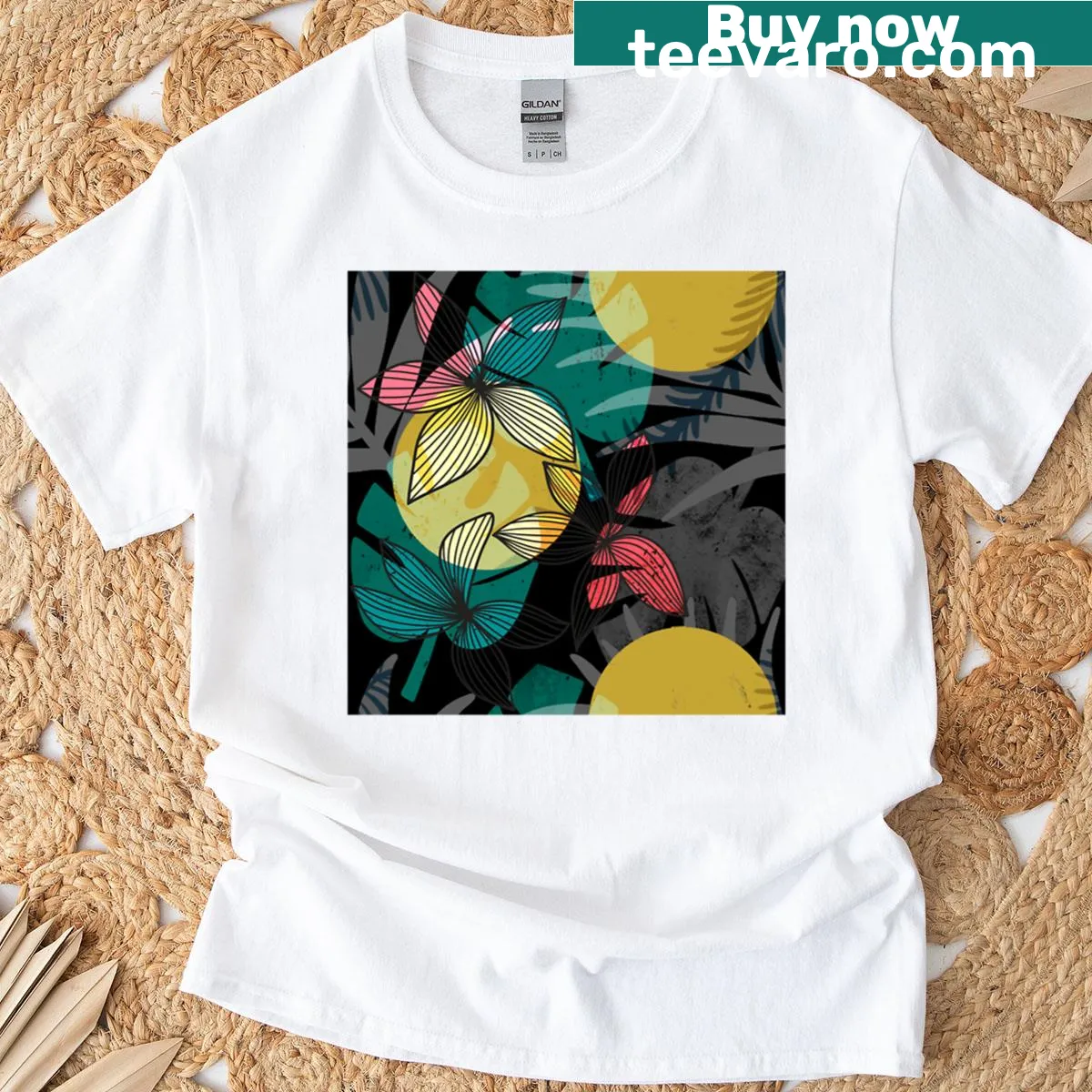 T-shirt with abstract tropical floral repeat pattern — on a men's t-shirt