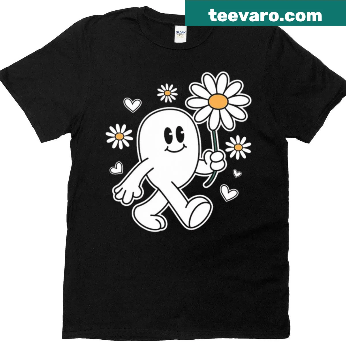 Cute smiley character with flowers and hearts design — on a men's t-shirt