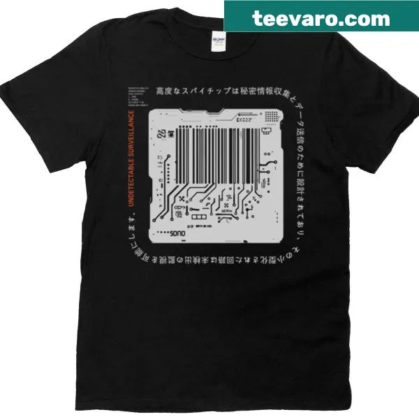 T-shirt with a circuit board graphic featuring a spy chip design