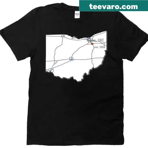 Badge-style emblem of Akron, Ohio on oversized T-shirt