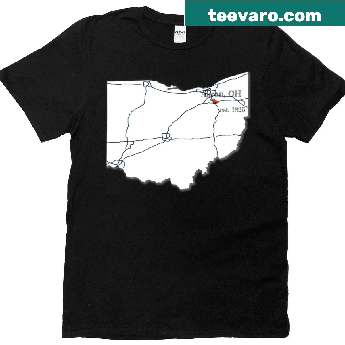 Badge-style emblem of Akron, Ohio on oversized T-shirt — on a men's t-shirt