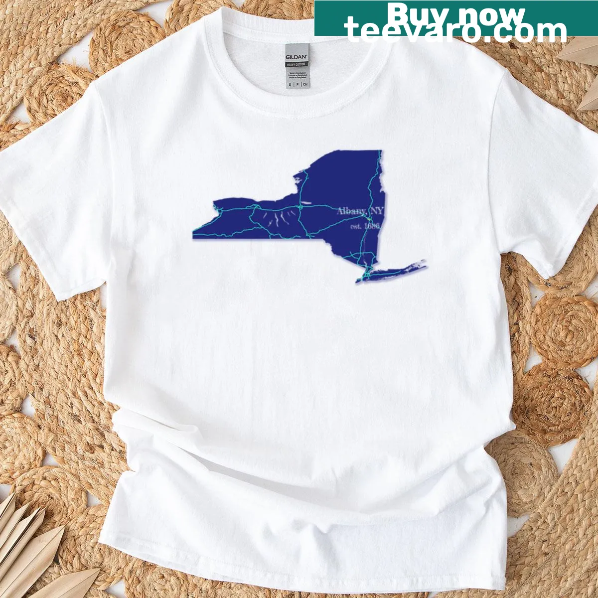 Boxy t-shirt with Albany, NY printed design — on a men's t-shirt