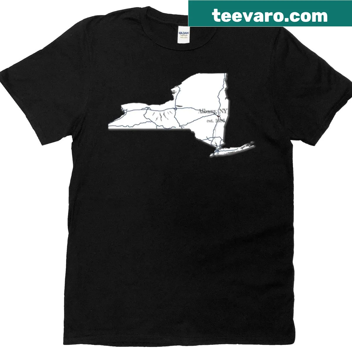 Oversized white t-shirt featuring Albany, NY graphics — on a men's t-shirt