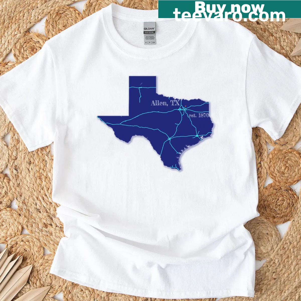 Oversized Allen Tx t-shirt with bold city name — on a men's t-shirt