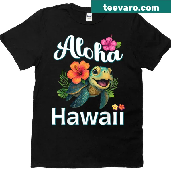 T-shirt with an illustration of a turtle and Hawaiian island theme.