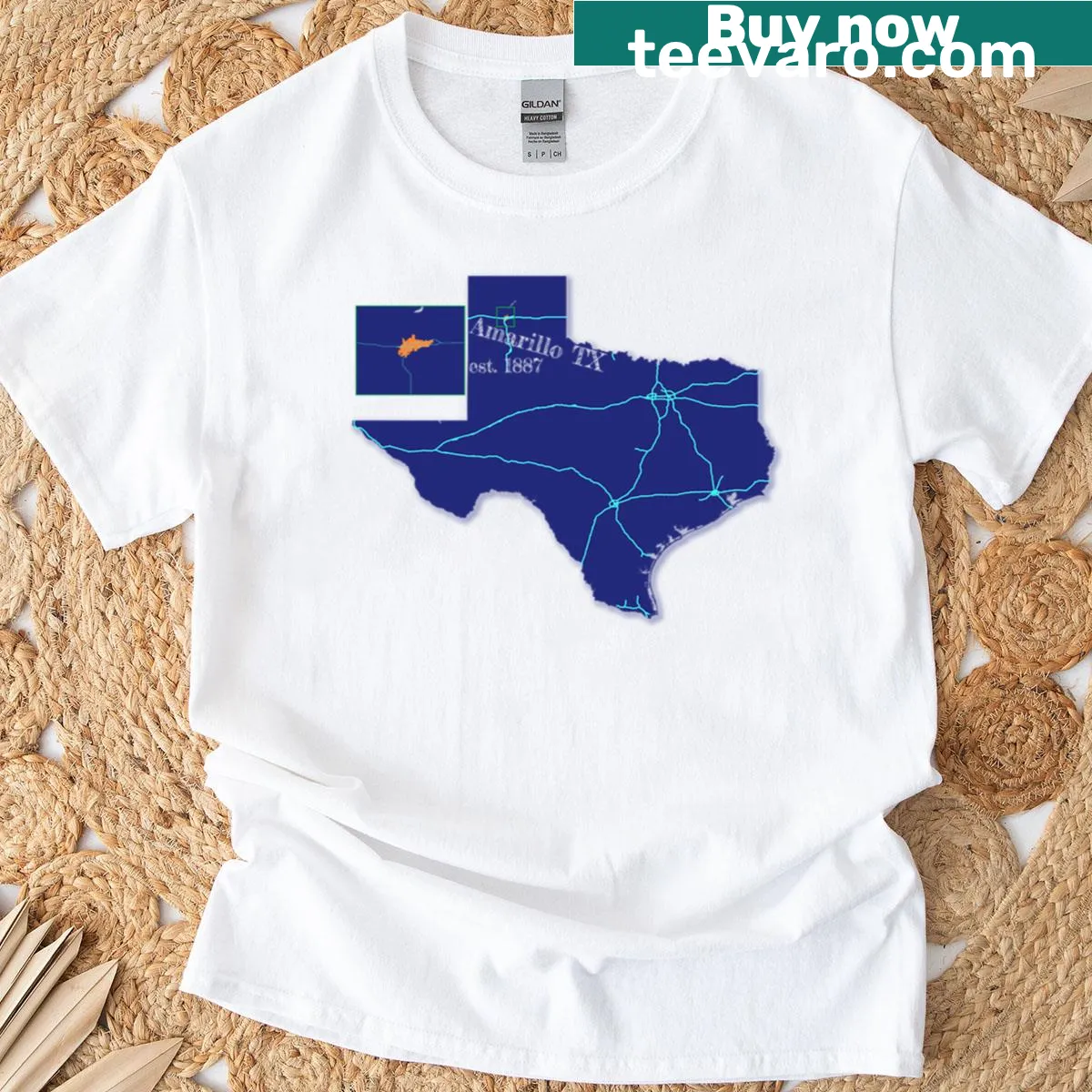 Amarillo Tx Blue T-shirt featuring the city name prominently — on a men's t-shirt