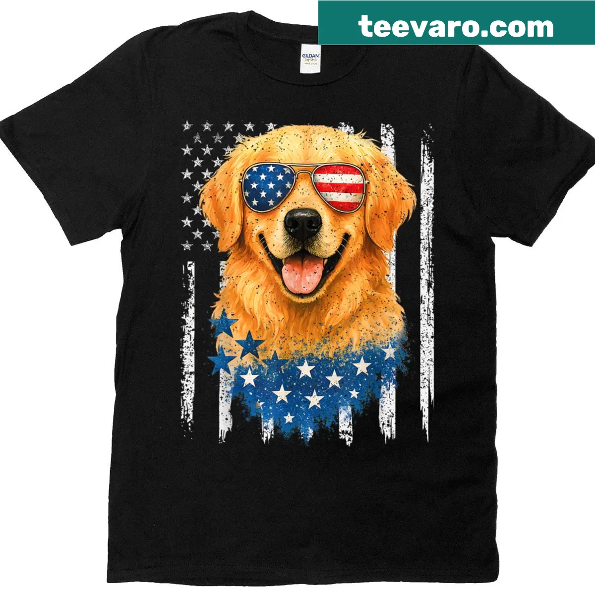 Golden retriever in front of a vintage American flag — on a men's t-shirt