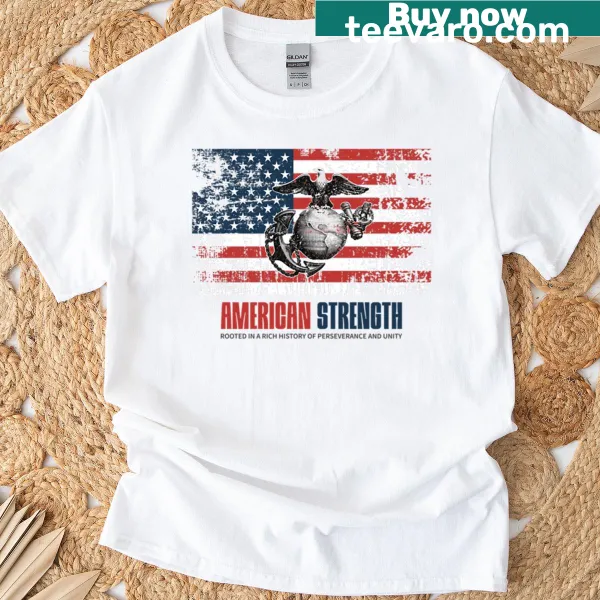 T-shirt featuring an illustration of the American flag with USMC emblem