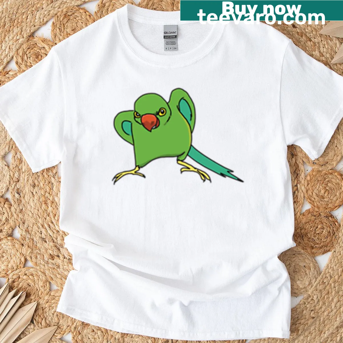 Angry green ringneck parakeet illustration on T-shirt — on a men's t-shirt